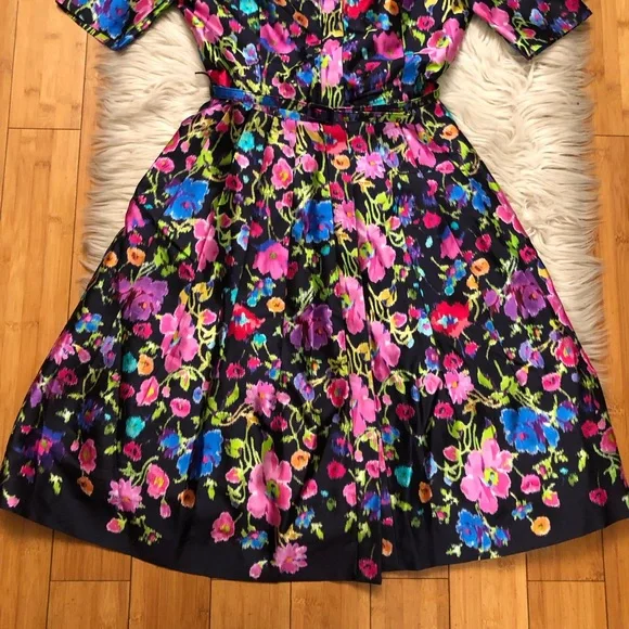 Oscar de la Renta Taffeta Fit & Flare Multicolor Floral Silk Blend Midi Dress 0 - Picture 11 of 16